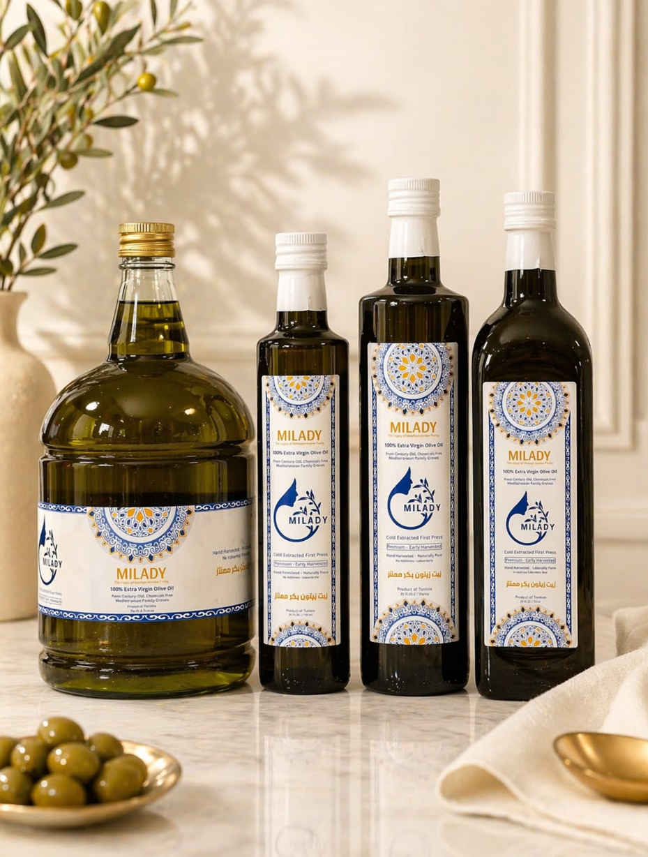 The MILADY BADR line: three glass bottles of extra virgin olive oil on a warm background